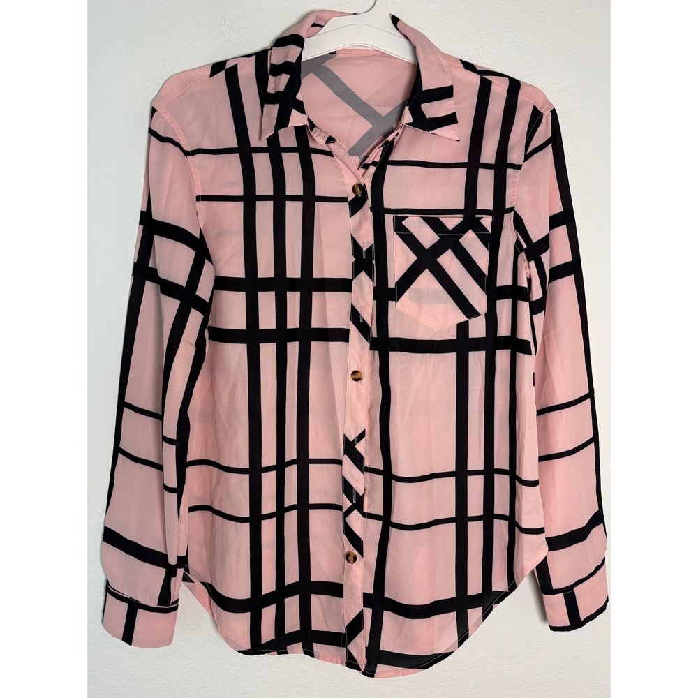 ZC&GF Womens Pink Black Windowpane Plaid Button Down Shirt Size S Long Sleeve
